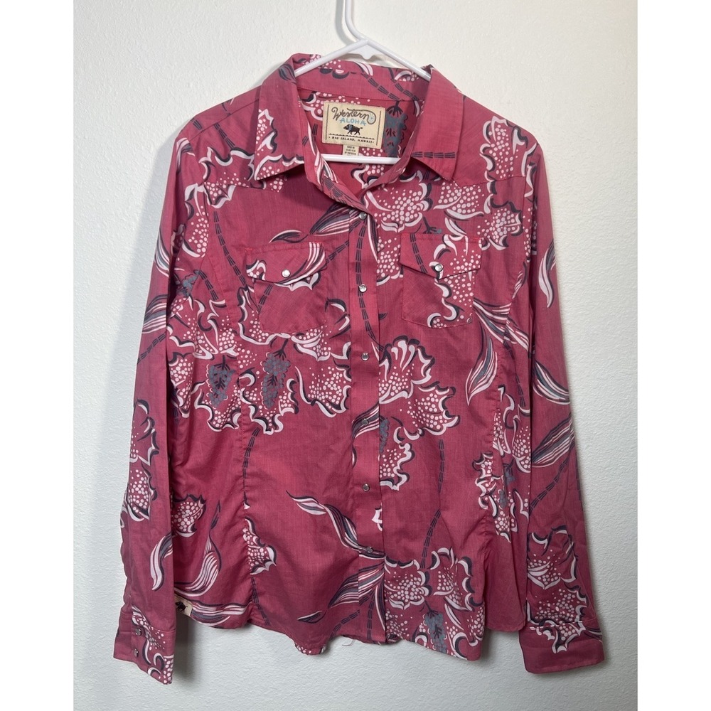 Western Aloha Faded Red Hibiscus Print Pearl Button Long Sleeve Shirt - Sz. XL